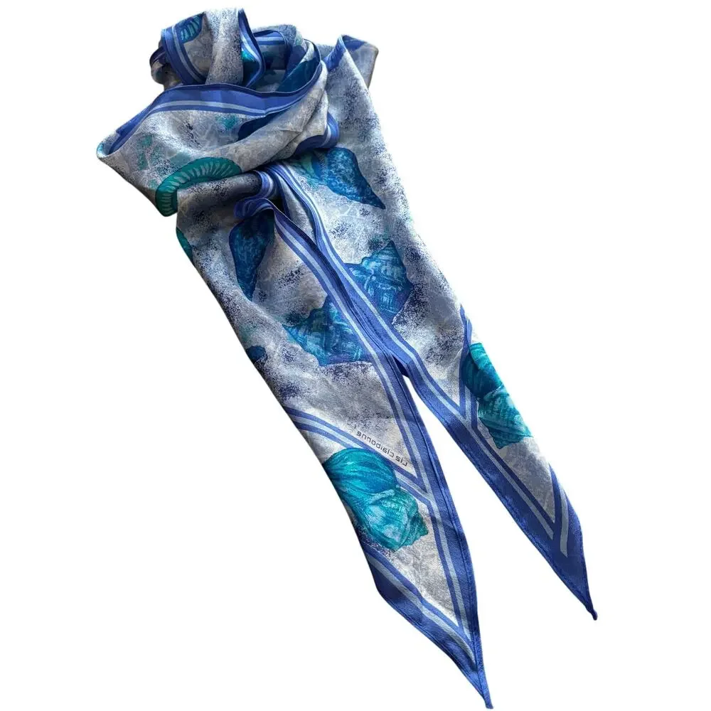 Vintage 80s Liz Claiborne blue silk scarf with pointy ends seashells beach theme